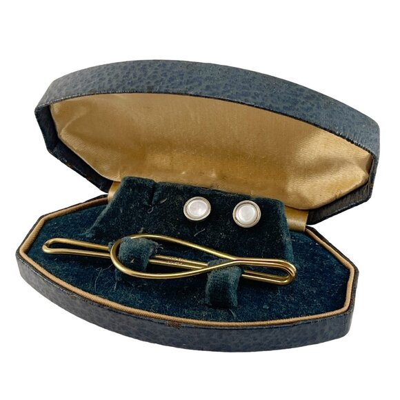 Tie Clip 10K Gold Filled and Mother of Pearl Tuxedo Buttons in Leather Box - Picture 3 of 11